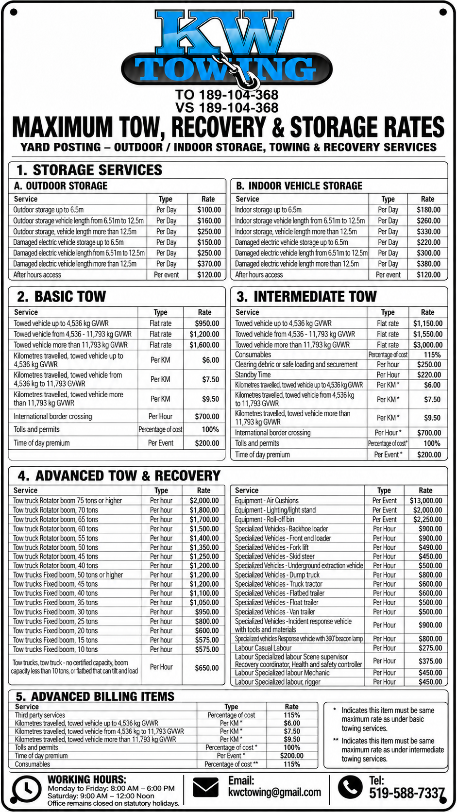 KW Towing Maximum Tow, Recovery & Storage Rates — MTO Operator #189104368